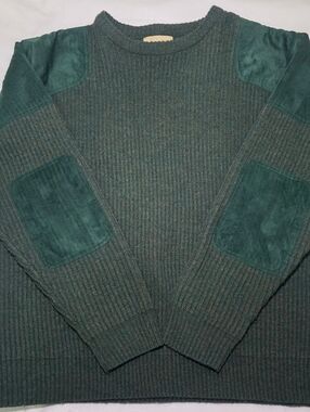 Cabela’s Outfitter 100% Lambswool Sweater W/Suede  Patches- Size XL Green